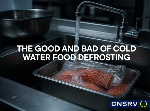 Frozen salmon thawing under a running faucet in a commercial kitchen sink