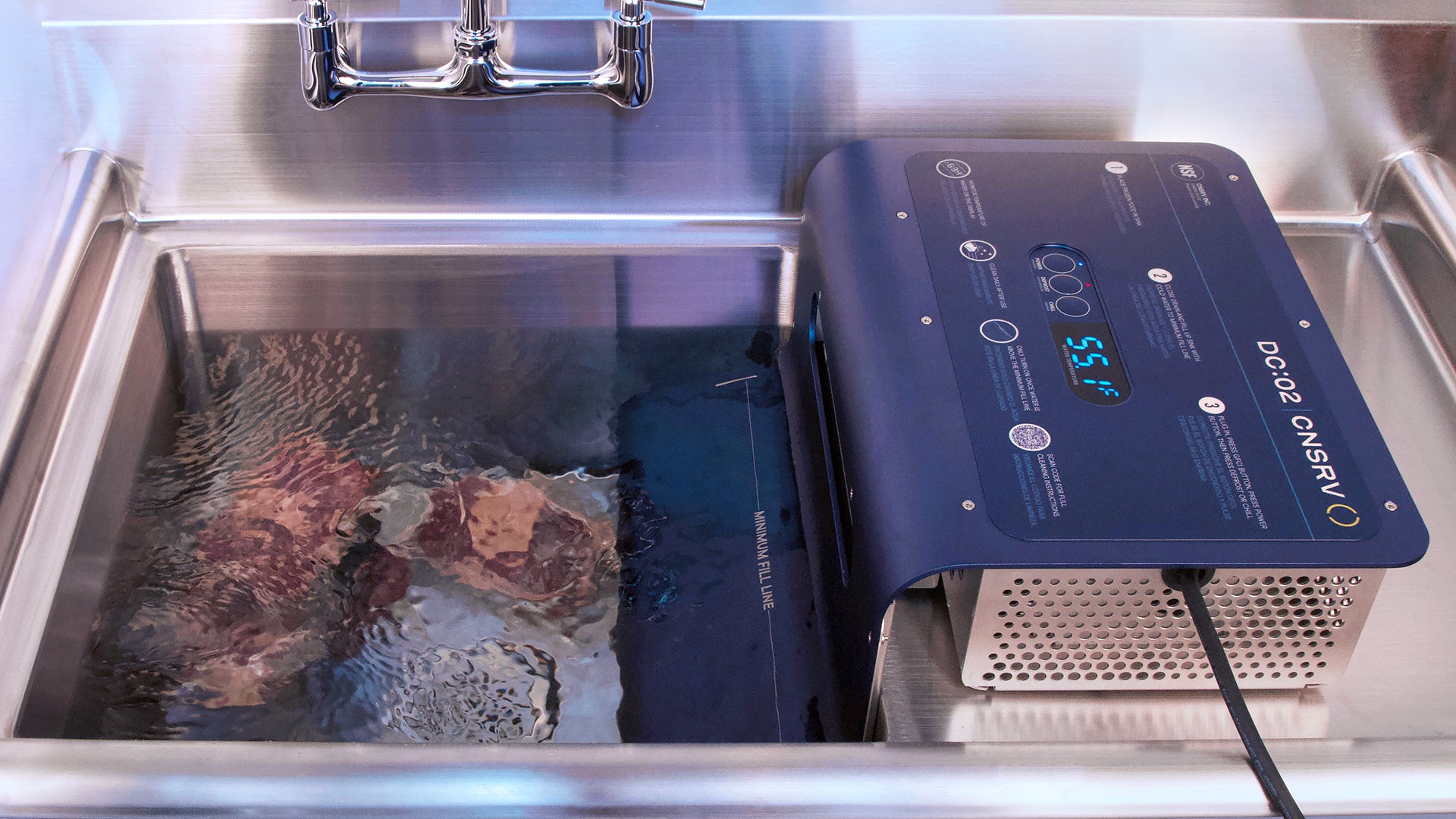 CNSRV DC:02 Gen2 defrosting meat — 98% less water than running faucet, 2x faster